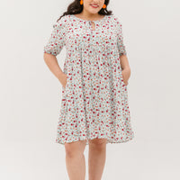 Bridget Tie Neck Keyhole Babydoll Dress In White Floral