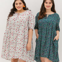 Bridget Tie Neck Keyhole Babydoll Dress In Green Floral
