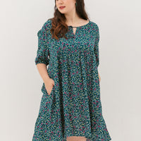 Bridget Tie Neck Keyhole Babydoll Dress In Green Floral