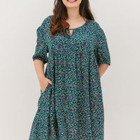 Bridget Tie Neck Keyhole Babydoll Dress In Green Floral