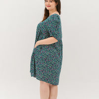 Bridget Tie Neck Keyhole Babydoll Dress In Green Floral