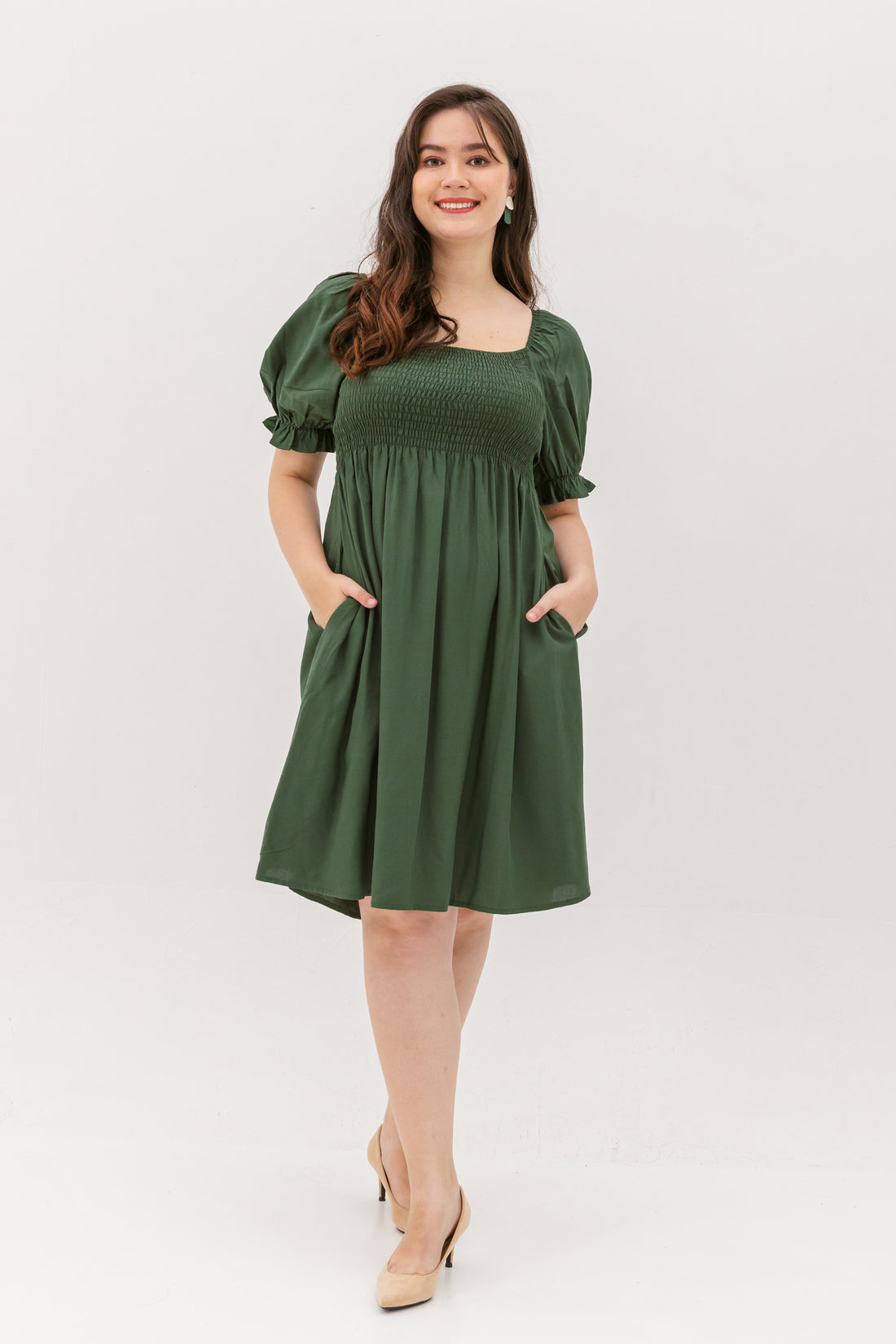 Shelley Smocked Dress In Forest Green