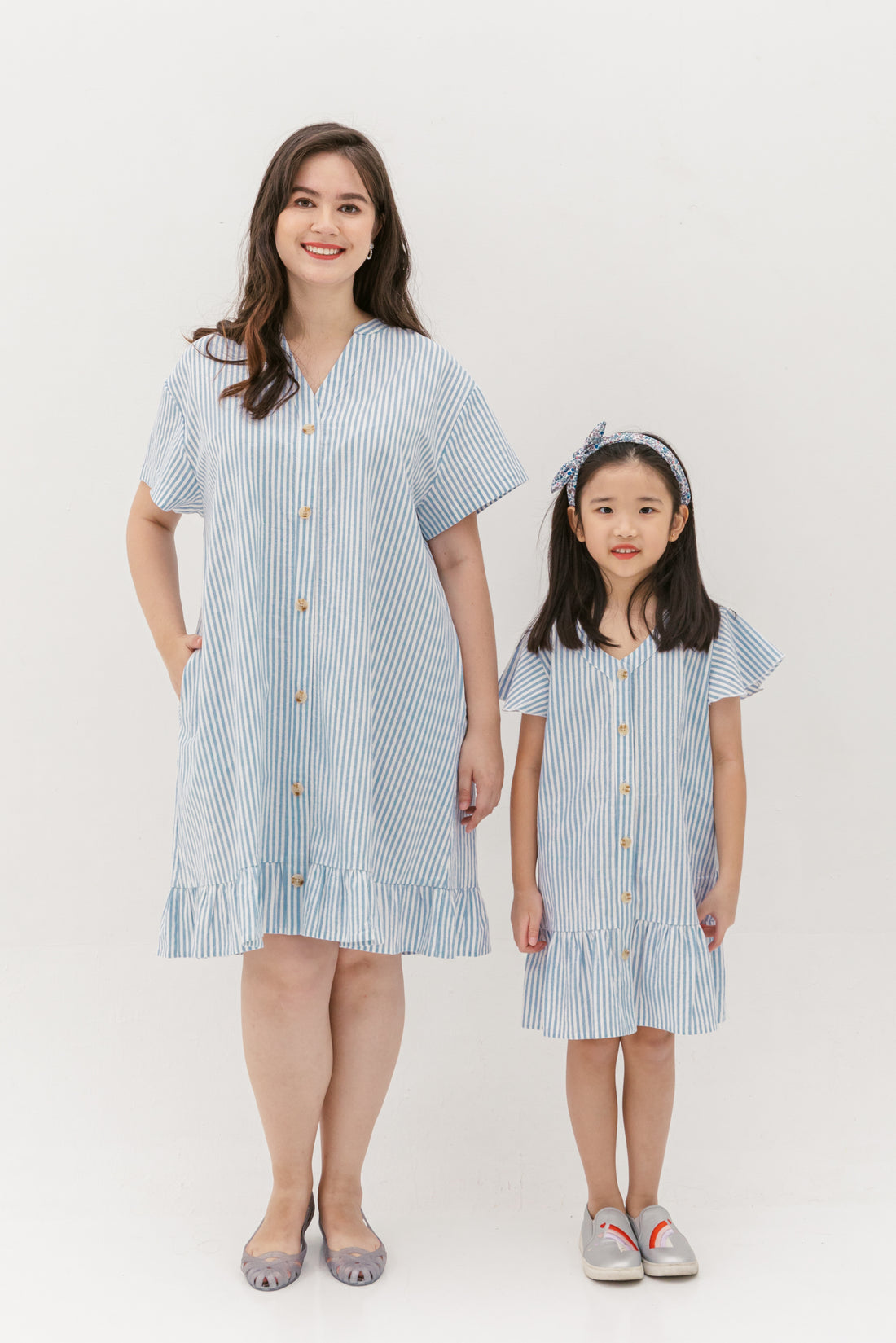 Elizabeth Fluted Hem Dress In Blue Stripes