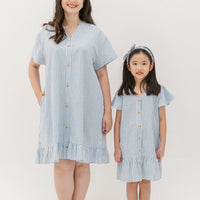 Emma Fluted Hem Dress In Blue Stripes