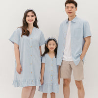 Elizabeth Fluted Hem Dress In Blue Stripes
