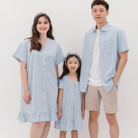 Emma Fluted Hem Dress In Blue Stripes