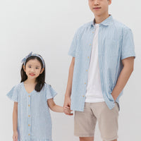 Emma Fluted Hem Dress In Blue Stripes