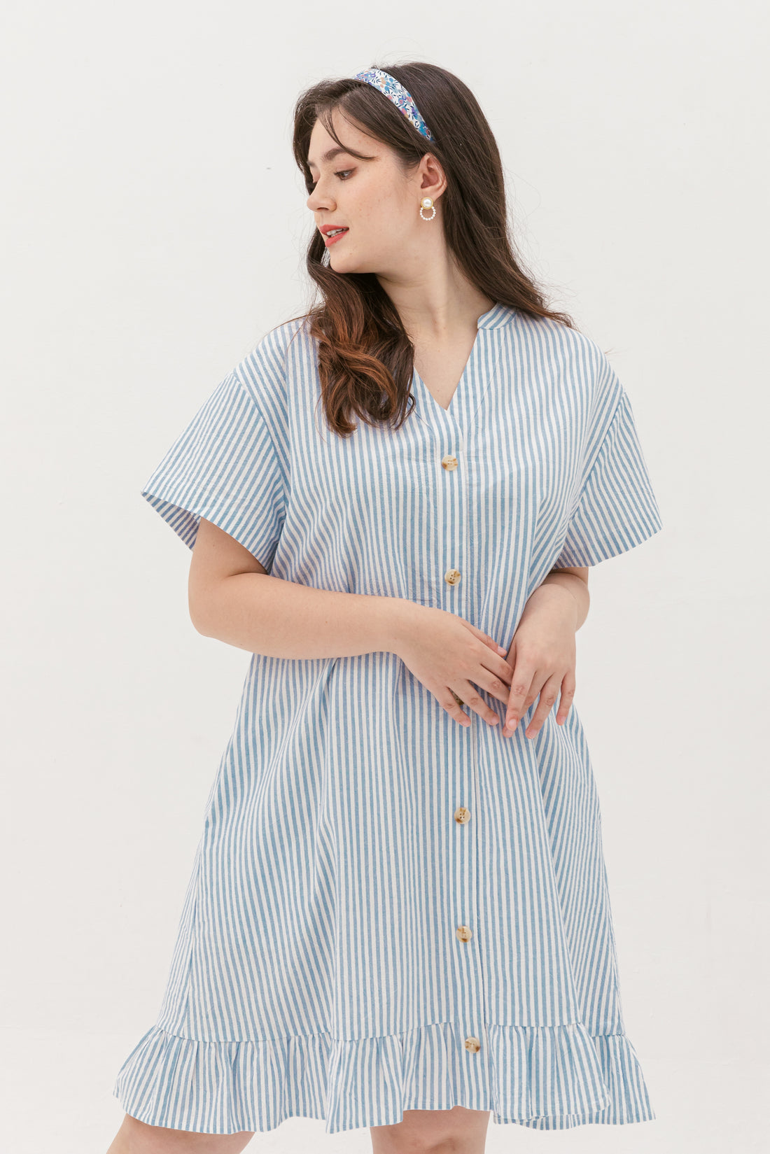 Elizabeth Fluted Hem Dress In Blue Stripes
