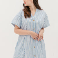 Elizabeth Fluted Hem Dress In Blue Stripes