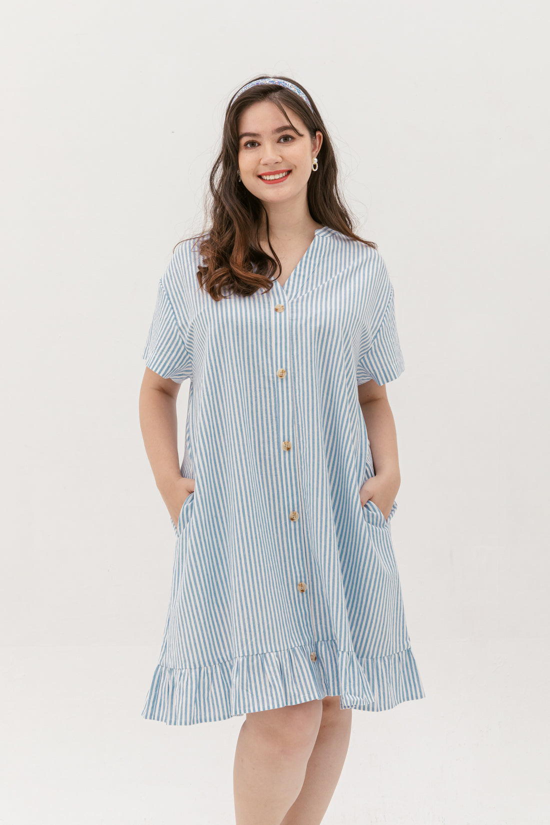 Elizabeth Fluted Hem Dress In Blue Stripes