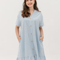 Elizabeth Fluted Hem Dress In Blue Stripes
