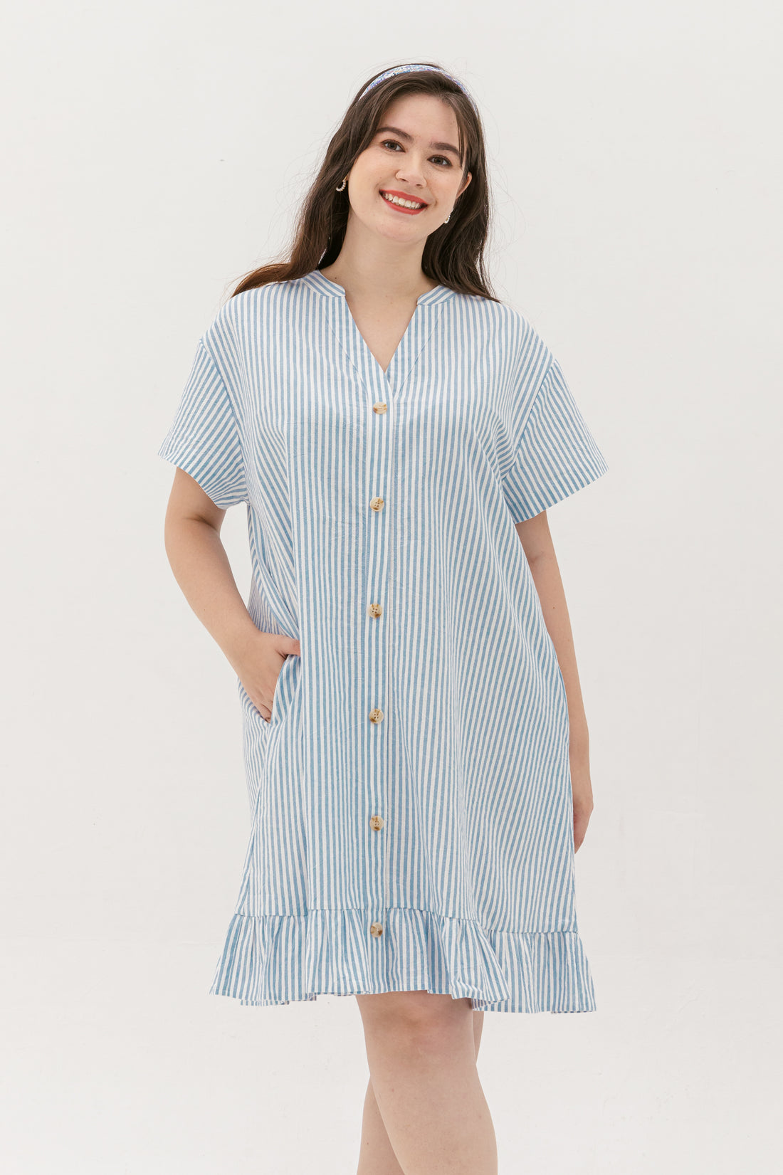 Elizabeth Fluted Hem Dress In Blue Stripes