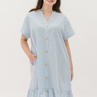 Elizabeth Fluted Hem Dress In Blue Stripes