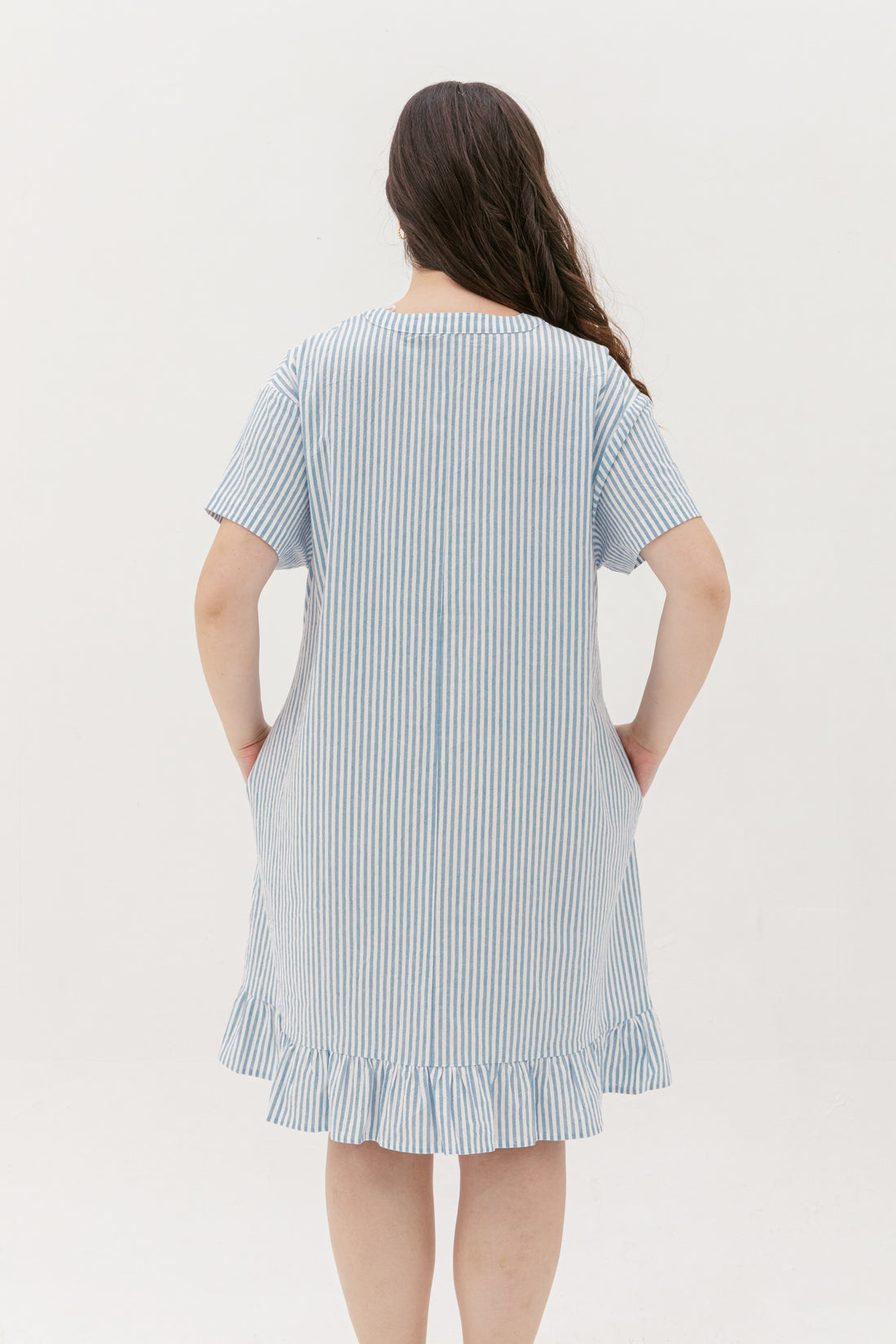 Elizabeth Fluted Hem Dress In Blue Stripes
