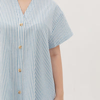 Elizabeth Fluted Hem Dress In Blue Stripes