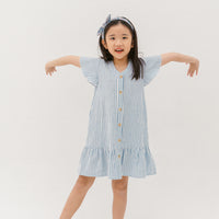 Emma Fluted Hem Dress In Blue Stripes