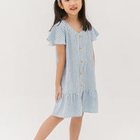 Emma Fluted Hem Dress In Blue Stripes