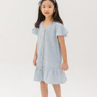 Emma Fluted Hem Dress In Blue Stripes