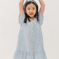 Emma Fluted Hem Dress In Blue Stripes
