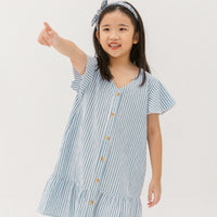Emma Fluted Hem Dress In Blue Stripes