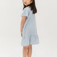 Emma Fluted Hem Dress In Blue Stripes