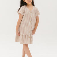 Emma Fluted Hem Dress In Sand Stripes