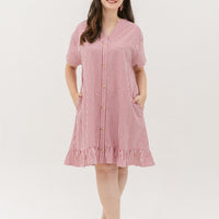 Elizabeth Fluted Hem Dress In Red Stripes