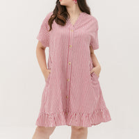 Elizabeth Fluted Hem Dress In Red Stripes