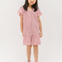 Emma Fluted Hem Dress In Red Stripes