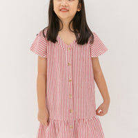 Emma Fluted Hem Dress In Red Stripes