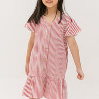 Emma Fluted Hem Dress In Red Stripes