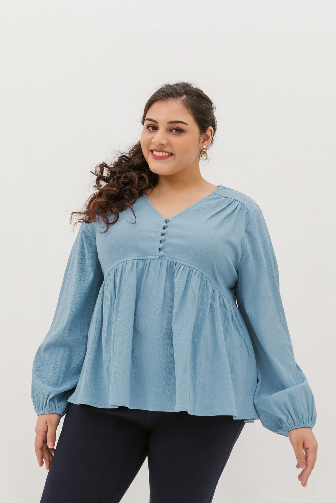 Bernadette Long-Sleeve Babydoll Top In Baby Blue