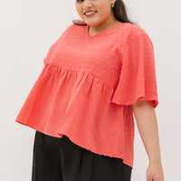Farrah V-Neck Babydoll Swiss Dots Top In Strawberry