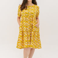 Florence Puff-Sleeved Floral Tiered Dress In Yellow