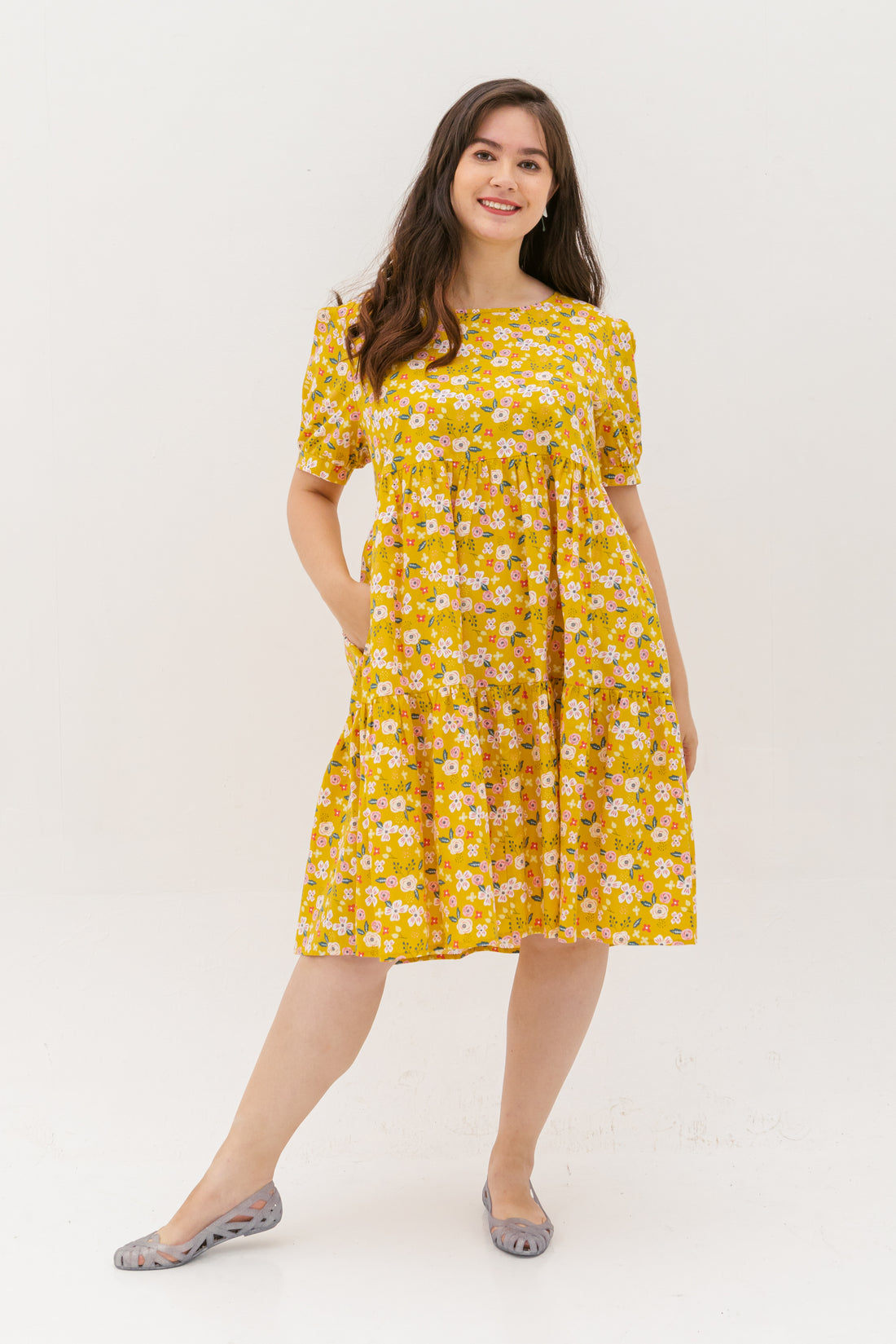 Florence Puff-Sleeved Floral Tiered Dress In Yellow