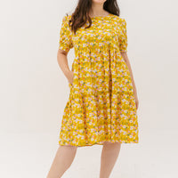 Florence Puff-Sleeved Floral Tiered Dress In Yellow