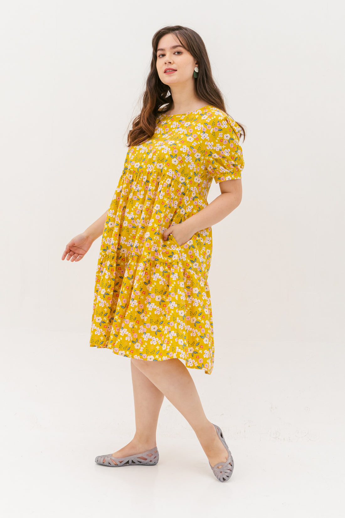 Florence Puff-Sleeved Floral Tiered Dress In Yellow