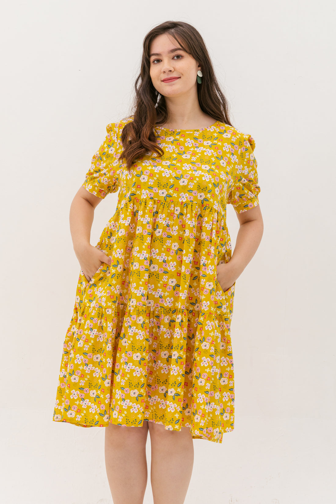 Florence Puff-Sleeved Floral Tiered Dress In Yellow