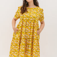 Florence Puff-Sleeved Floral Tiered Dress In Yellow