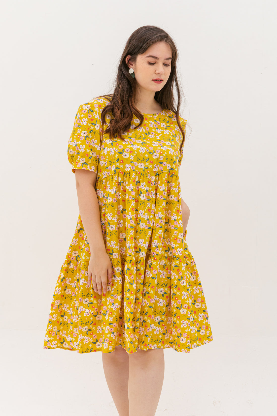 Florence Puff-Sleeved Floral Tiered Dress In Yellow