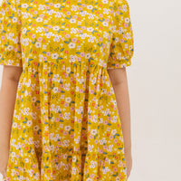 Florence Puff-Sleeved Floral Tiered Dress In Yellow