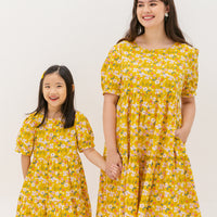 Florence Puff-Sleeved Floral Tiered Dress In Yellow