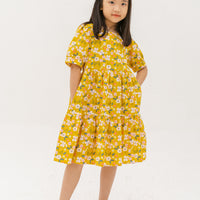 Finley Puff-Sleeved Floral Tiered Dress In Yellow