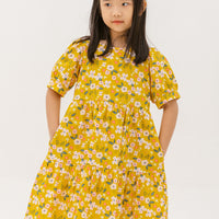 Finley Puff-Sleeved Floral Tiered Dress In Yellow