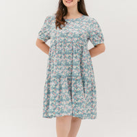 Florence Puff-Sleeved Floral Tiered Dress In Blue
