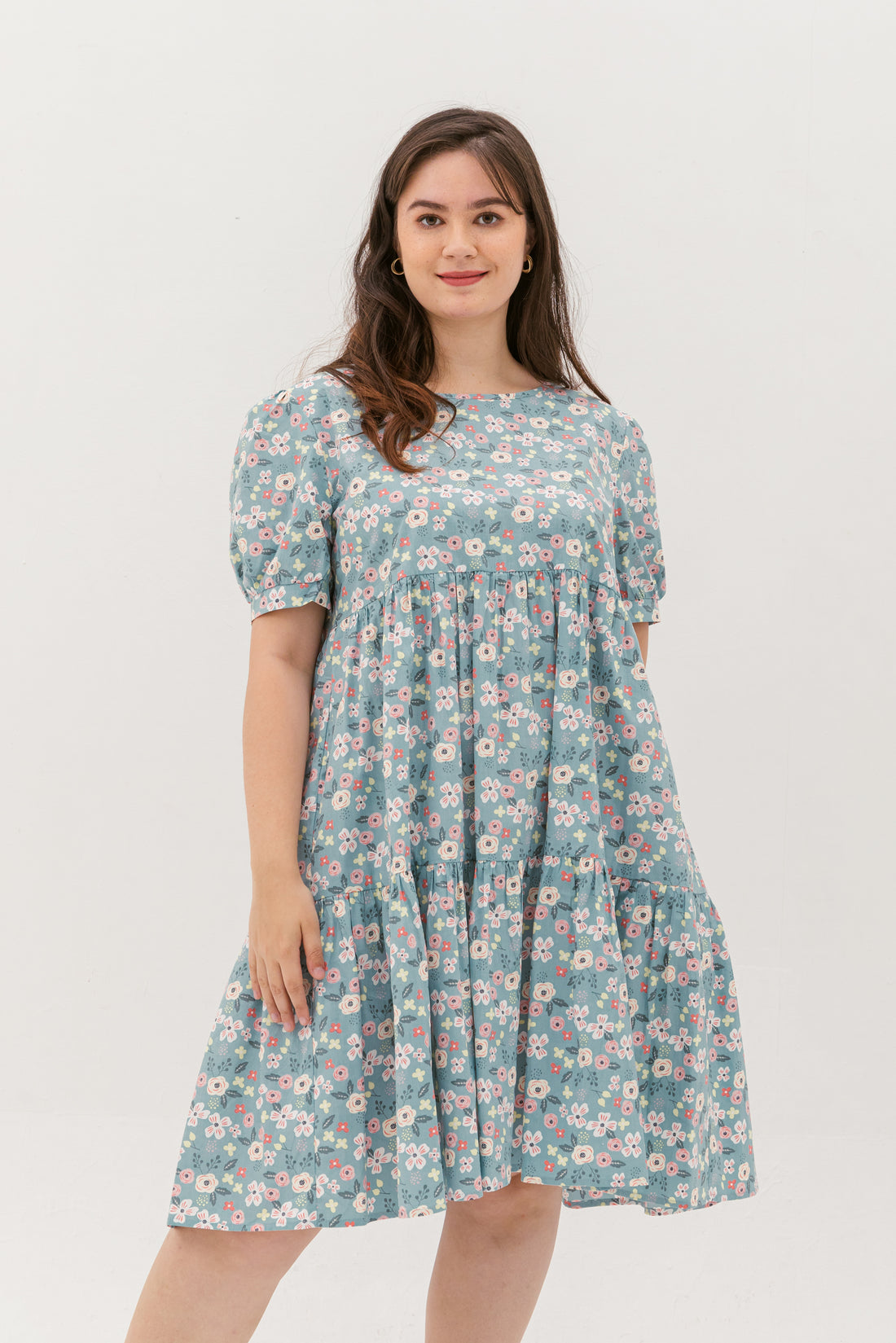 Florence Puff-Sleeved Floral Tiered Dress In Blue