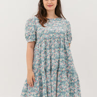 Florence Puff-Sleeved Floral Tiered Dress In Blue