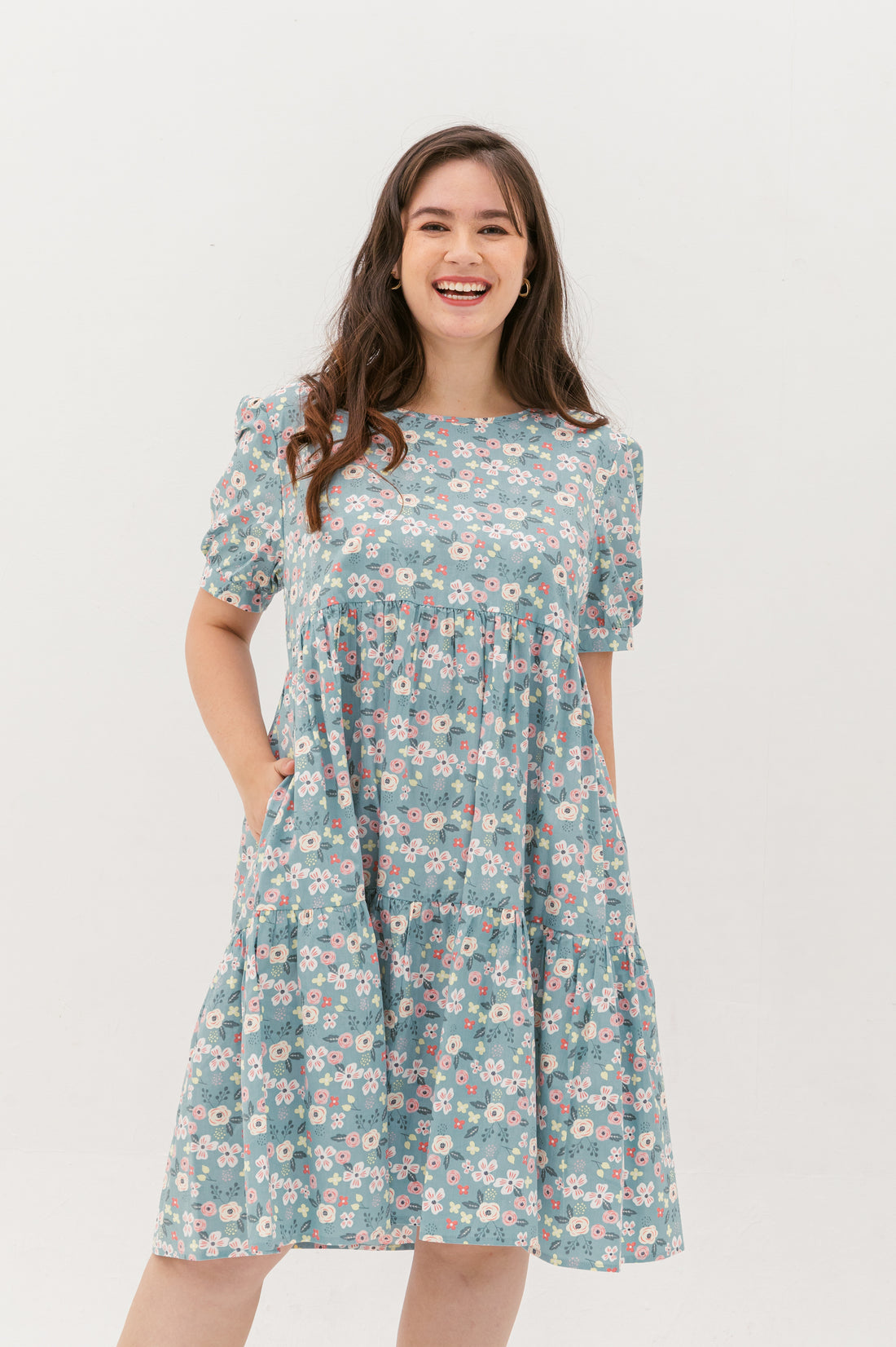 Florence Puff-Sleeved Floral Tiered Dress In Blue