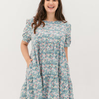 Florence Puff-Sleeved Floral Tiered Dress In Blue