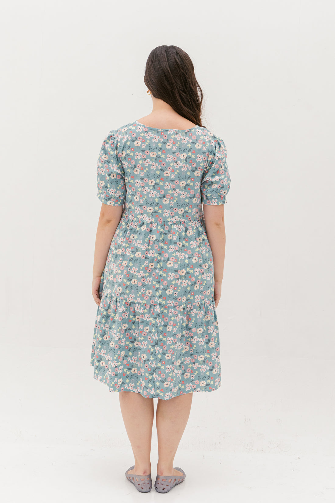 Florence Puff-Sleeved Floral Tiered Dress In Blue